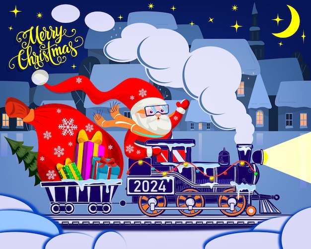 Papai noel em um trem a vapor com presentes feliz natal e feliz ano novo ilustração de natal