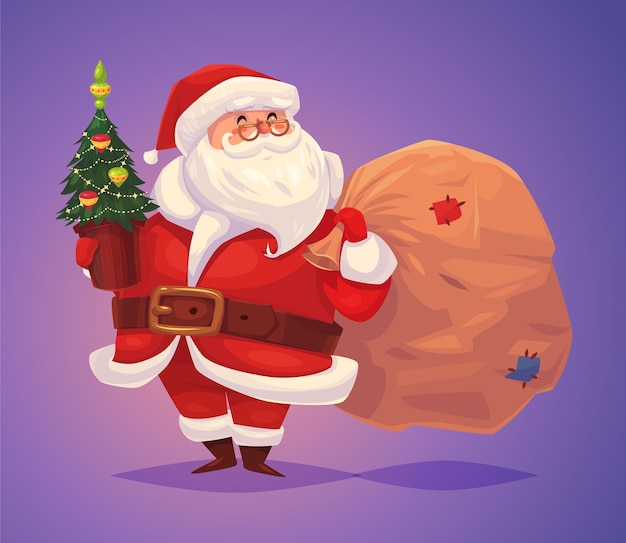 Vetor papai noel engraçado com saco de presentes e árvore de natal. cartaz de plano de fundo do cartão de natal. ilustração vetorial feliz natal e feliz ano novo.