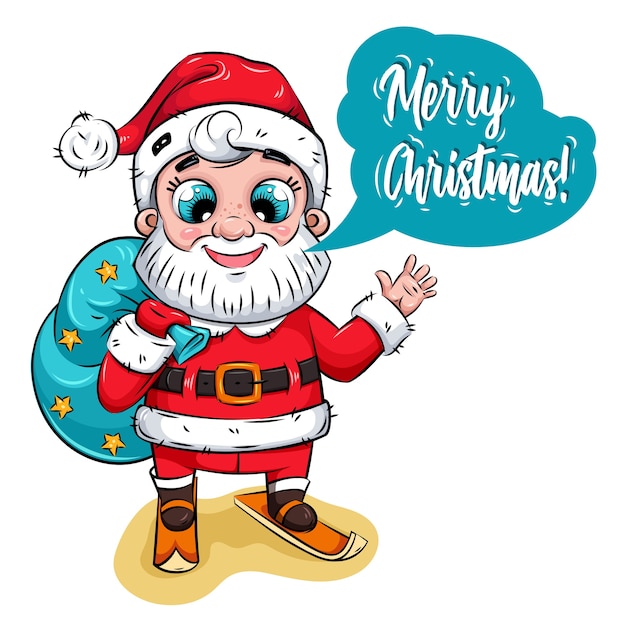 Vetor papai noel está acenando e deseja a você um feliz natal. papai noel fofo com um saco grande vai esquiar. personagem de natal.