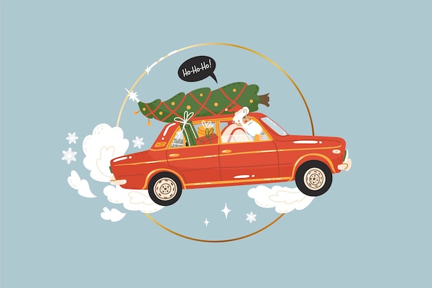 Papai noel está carregando uma árvore de natal e presentes para o natal e ano novo em um carro vermelho cartão de boas-vindas entrega de correio de presentes estilo simples em ilustração vetorial