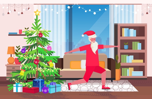 Papai noel fazendo exercícios de agachamento homem barbudo treinamento treino estilo de vida saudável conceito de natal ano novo feriados celebração sala de estar moderna ilustração de interiores