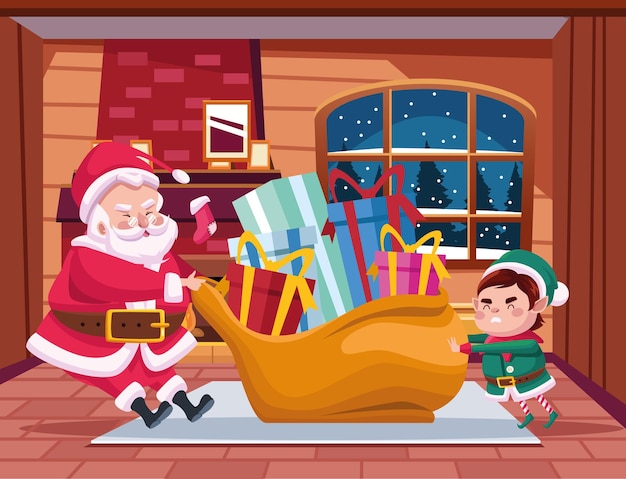 Papai Noel fofo e ajudante com ilustração da cena dos personagens da bolsa