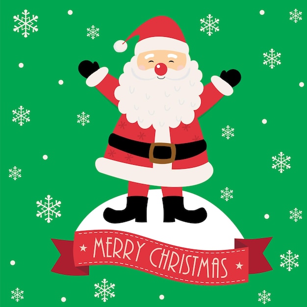 Papai Noel fofo e banner feliz Natal em fundo verde