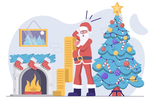 Papai Noel lê sua lista de desejos e se surpreende com uma árvore de Natal e uma lareira na parte de trás