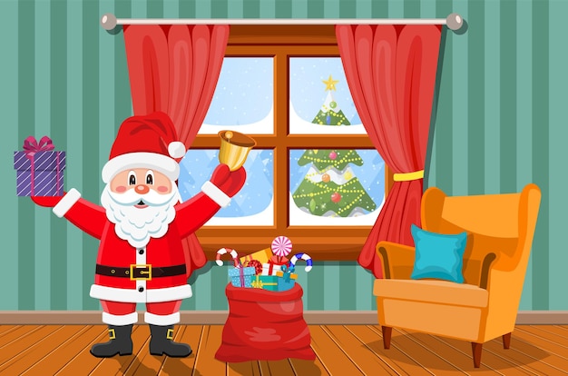 Papai Noel na sala com árvore de Natal e presentes.