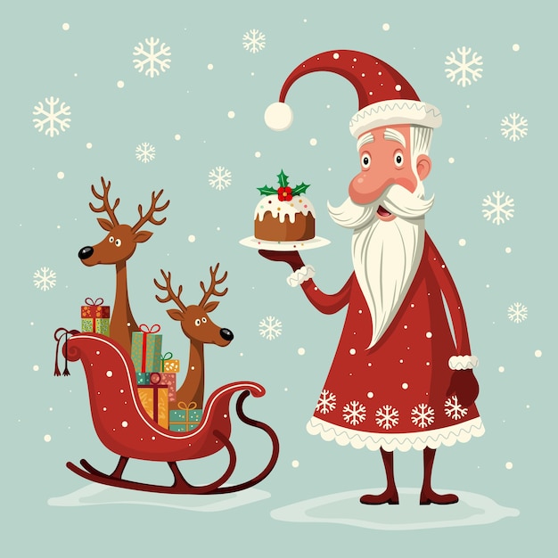 Papai Noel no Natal com presentes e uma torta perto de um trenó em que pequenos cervos estão sentados cartão postal vec