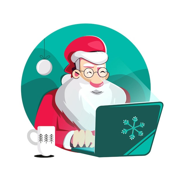 Papai noel no trabalho. papai noel trabalha em um computador - laptop. ilustração vetorial isolada no círculo azul