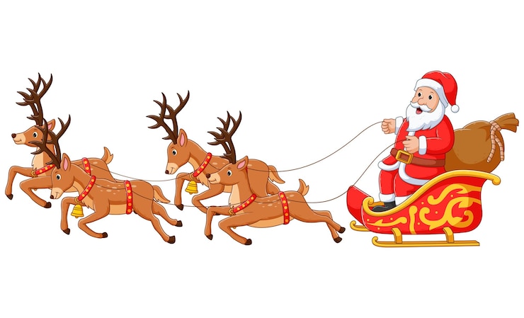 Vetor papai noel no trenó e sua rena isolado em um fundo branco. ilustração em vetor de desenho animado
