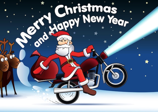 Papai noel o cartão de ano novo de motociclista. engraçado papai noel com presentes de natal andando de bicicleta.