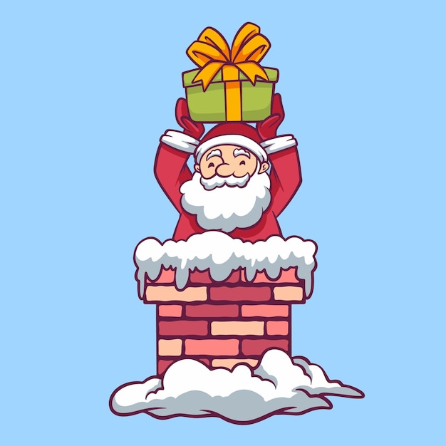 Papai Noel preso na chaminé traz caixa de presente verde ilustração desenhada à mão