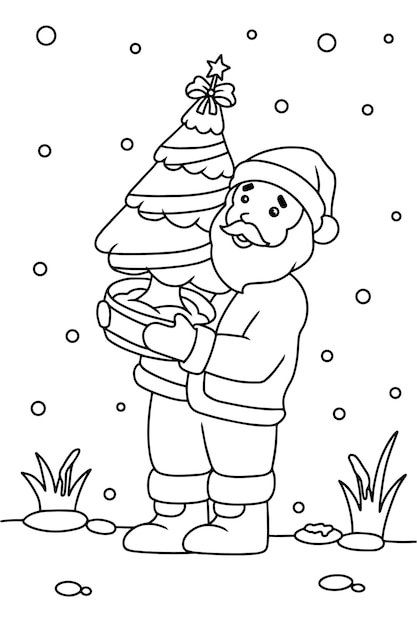 Papai noel segurando árvore de natal para colorir livro ilustração vetorial