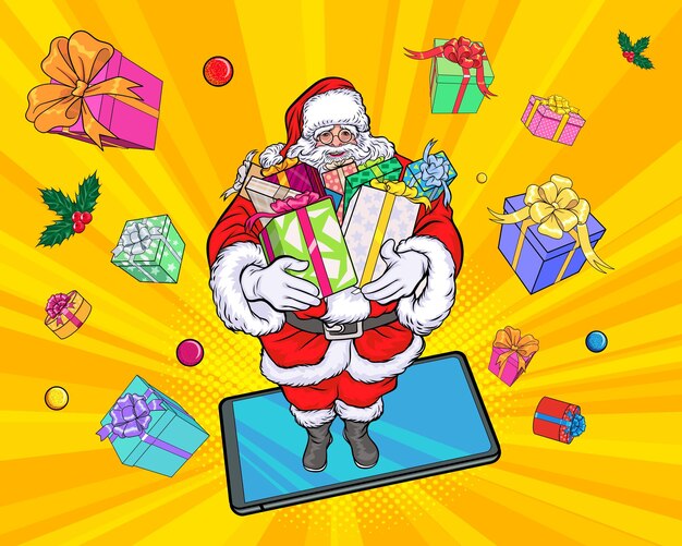 Papai Noel sem celular com caixas de presente no estilo de quadrinhos retro vintage pop art