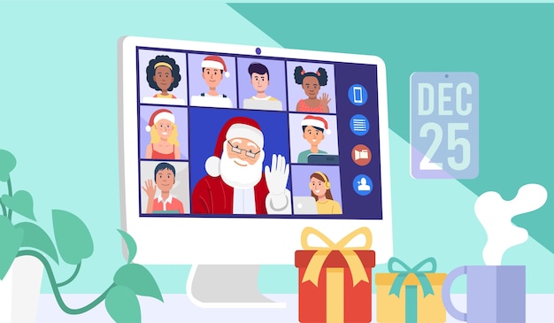 Papai Noel tendo videoconferência no computador com crianças em casa.
