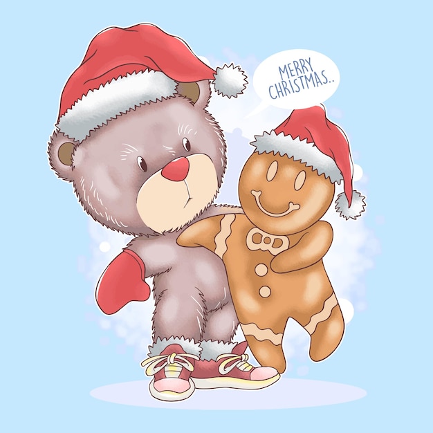 Vetor papai noel urso de pelúcia natal com aquarela de gengibre