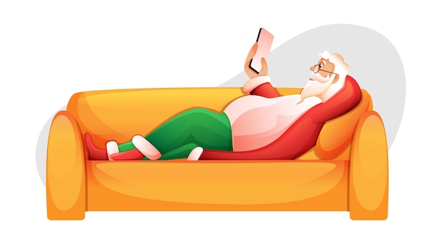 Papai noel usando smartphone enquanto estava deitado no sofá ilustração.