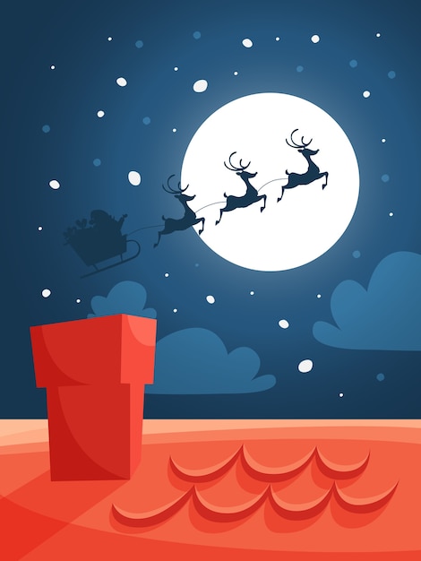 Papai noel voando no trenó com um saco cheio de presentes e renas. céu noturno com estrelas, lua grande e silhueta negra. celebração de natal e ano novo. chaminé vermelha na frente. ilustração