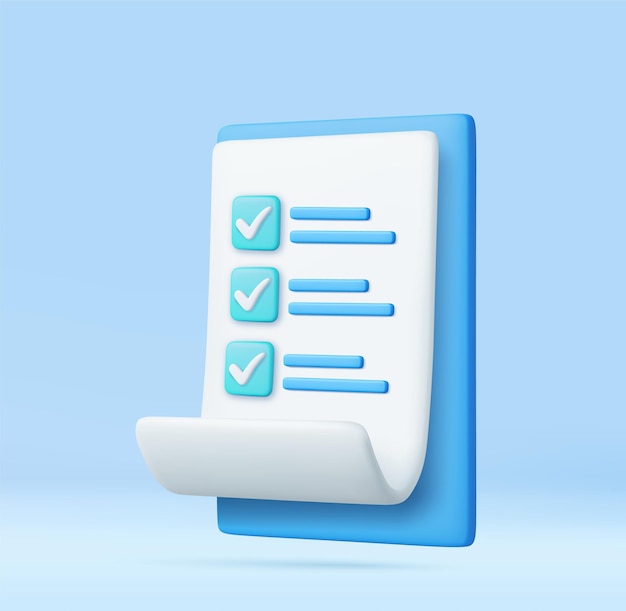 Papel branco 3D com gerenciamento de tarefas de clipboard para lista de verificação trabalho eficiente no plano do projeto tarefa de resumo rápido e exame Renderização 3D Ilustração vetorial