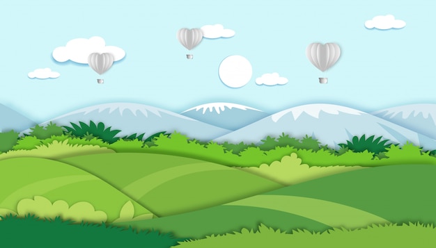 Papel cortado estilo de paisagem de campo no horário de verão, paisagem de primavera arte papel com céu azul e balões de ar quente coração voando, cartoon plana de panorama para banner de férias