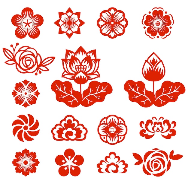 Vetor papel de flores chinesas cortadas ilustrações de cor vermelha.
