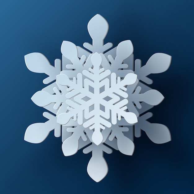 Vetor papel de natal branco vetorial cortado 3d floco de neve com sombra em fundo de cor azul desenho de inverno