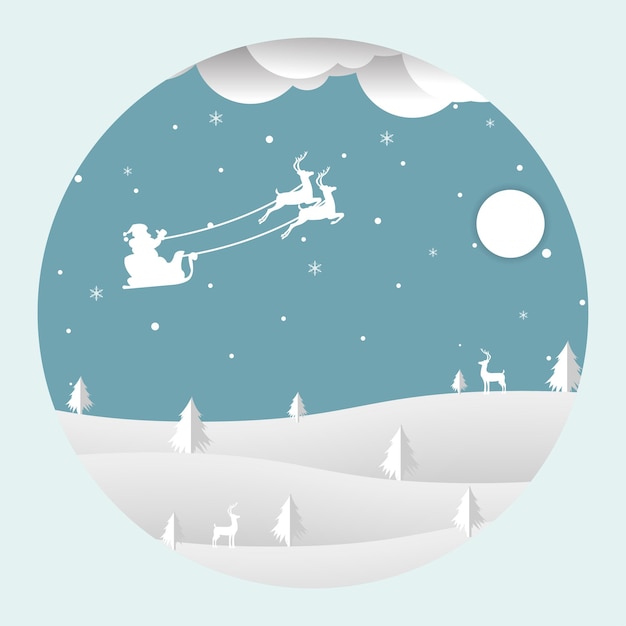 Vetor papel de natal com desenho de papai noel e querido com neve na árvore de natal e lua com flocos de neve