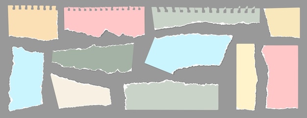 Papel de notas rasgado Folhas de cadernos com bordas rasgadas cores em branco pedaços de papel rasgados para colagem de scrapbook Modelos para mensagens de notas e quadro de informações Conjunto isolado vetorial