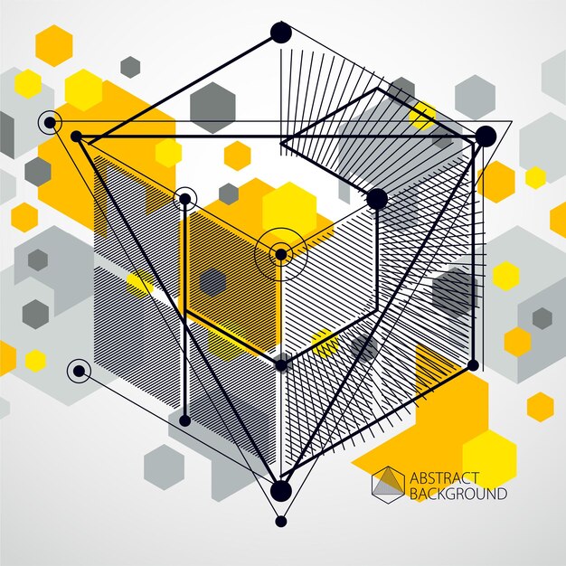 Papel de parede 3D de vetor tecnológico amarelo de engenharia feito com cubos e linhas. Ilustração do sistema de engenharia, pano de fundo tecnológico abstrato. Fundo técnico abstrato