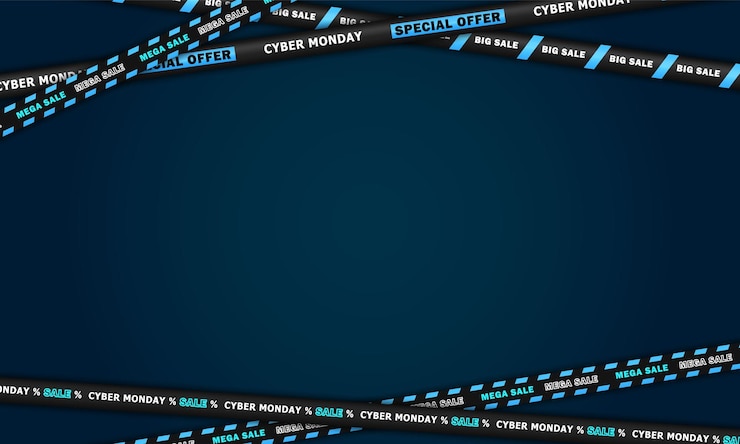 Vetor papel de parede azul escuro em branco com fitas de venda cruzadas para cyber monday banner com listras de desconto