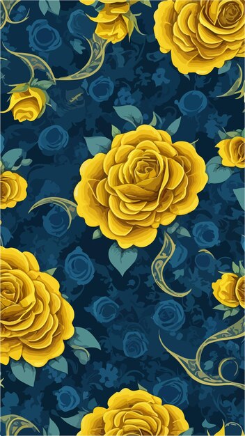 Papel de parede com padrões de elegância floral, marinha e rosas amarelas