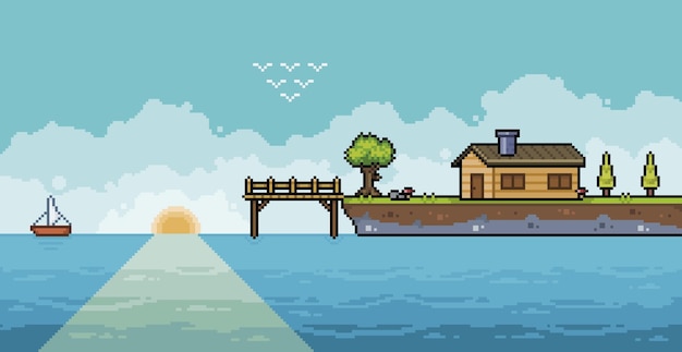 Papel de parede da casa do lago pixel art com deck de madeira e árvores de fundo 8bit