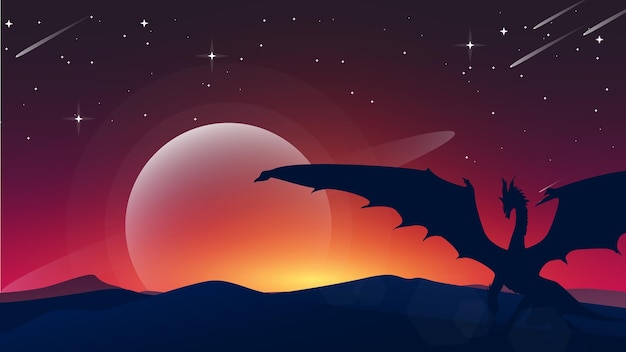 Papel de parede de fantasia com animal mitológico. ilustração de dragão voador. papel de parede fantasia do pôr do sol.