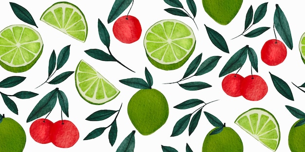 Papel de parede de frutas cítricas em aquarela, cereja exótica tropical, limão e folhas verdes, sem costura padrão