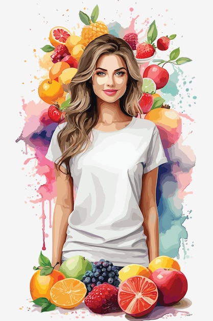 Vetor papel de parede de frutas vetorial com mulher