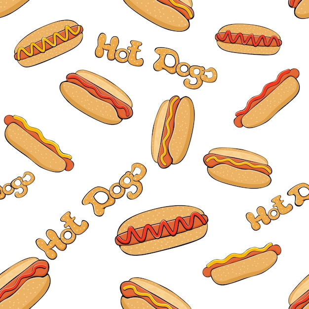 Papel de parede de fundo sem costura de cachorro-quente com cachorros-quentes em fundo branco fast food com salsicha e pão conjunto de cachorros-quentes com ilustração de mostarda e ketchup