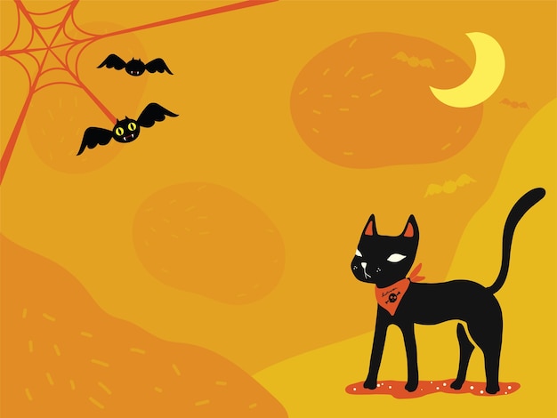 Papel de parede de tema de halloween: gato preto, teia de aranha e morcegos bonitos