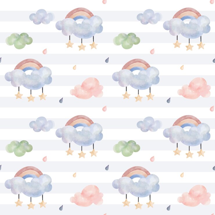 Vetor papel de parede infantil bonito padrão sem costura arco-íris e nuvens fundo aquarela em cores pastel