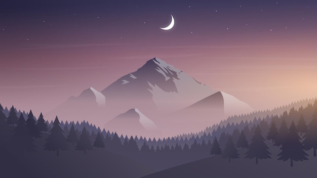 Papel de parede minimalista paisagem ilustração vetorial lua luz noite montanha fundo