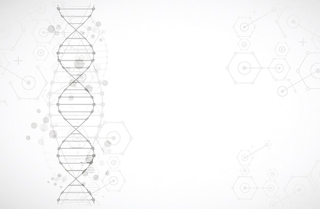 Vetor papel de parede ou banner de modelo científico com uma ilustração vetorial de moléculas de dna