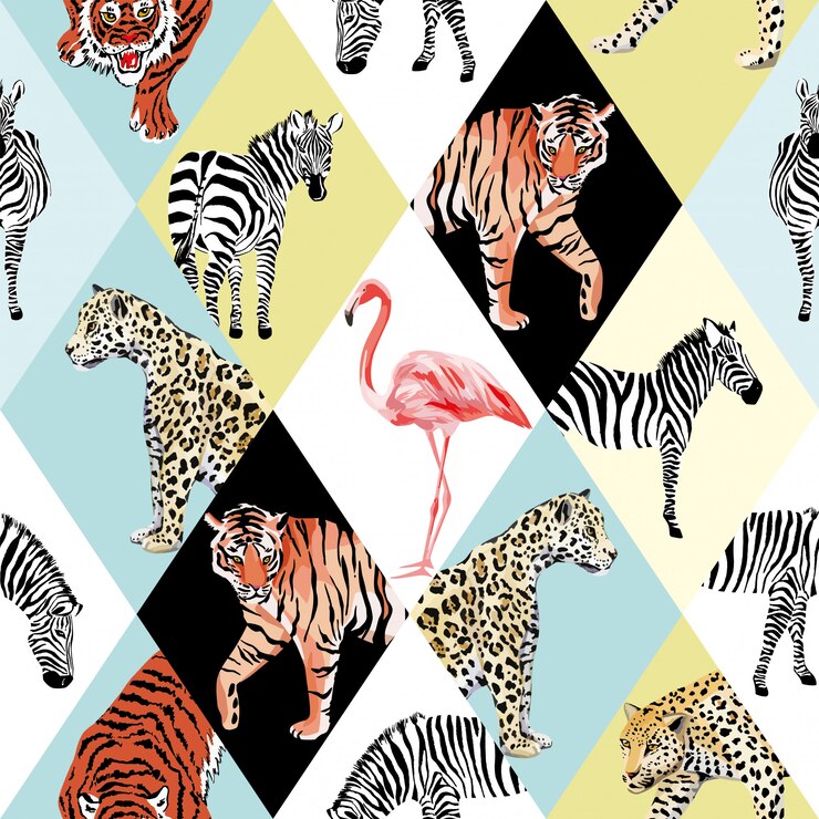 Papel de parede padrão sem emenda Patchwork tropical animals and bird multicolor