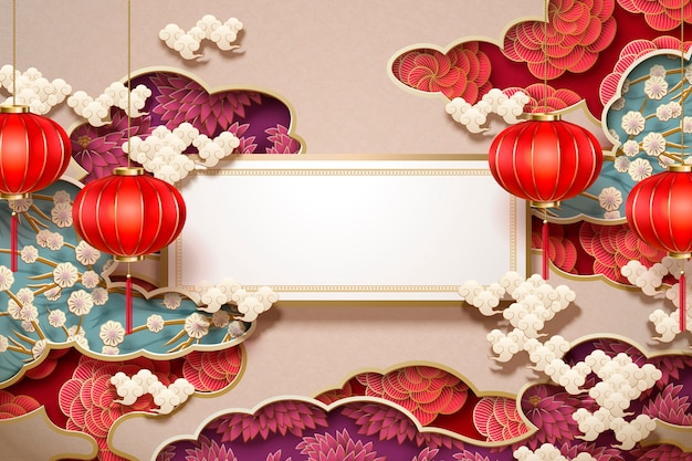 Papel de parede tradicional chinês com rolo em branco e lanternas penduradas em decorações florais