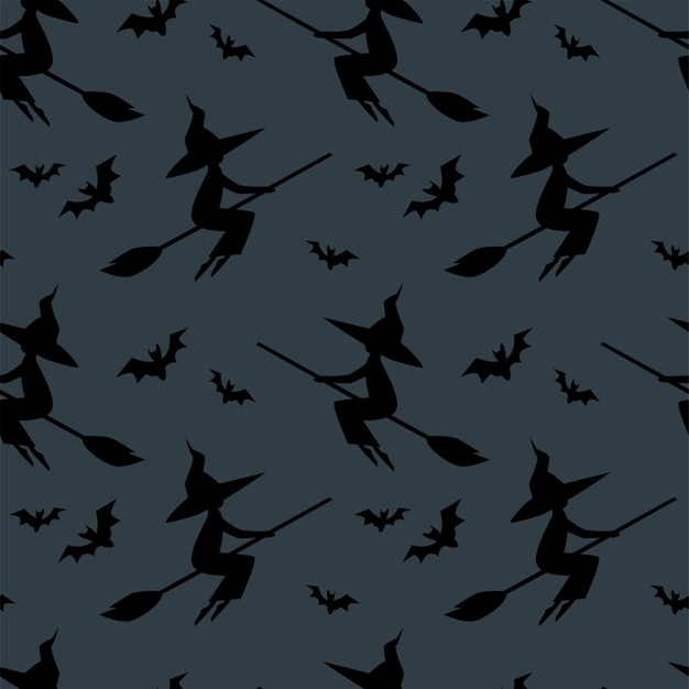 Vetor papel de parede vetorial de halloween padrão perfeito com silhueta de bruxas e morcegos voadores