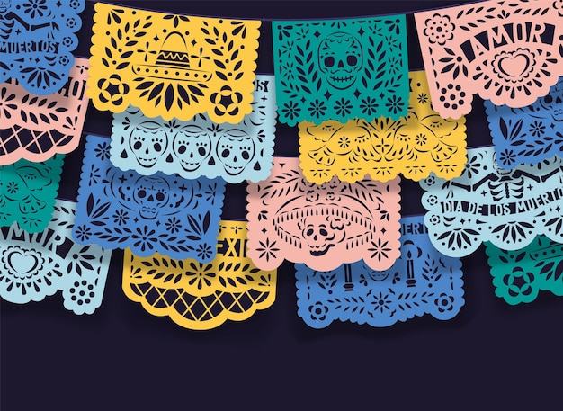 Vetor papel picado mexicano, laços de papel bicados pendurados em barbante. a decoração do méxico para dia de los muertos significa dia dos mortos. bandeiras festivas coloridas, fundo ornamento hispânico. ilustração em vetor plana.