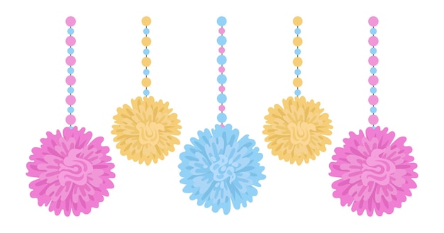 Papel poms pendurado festa de aniversário ou decorações de Páscoa guirlandas de papel multicolor ilustração vetorial plana decoração de festa de papel bonito