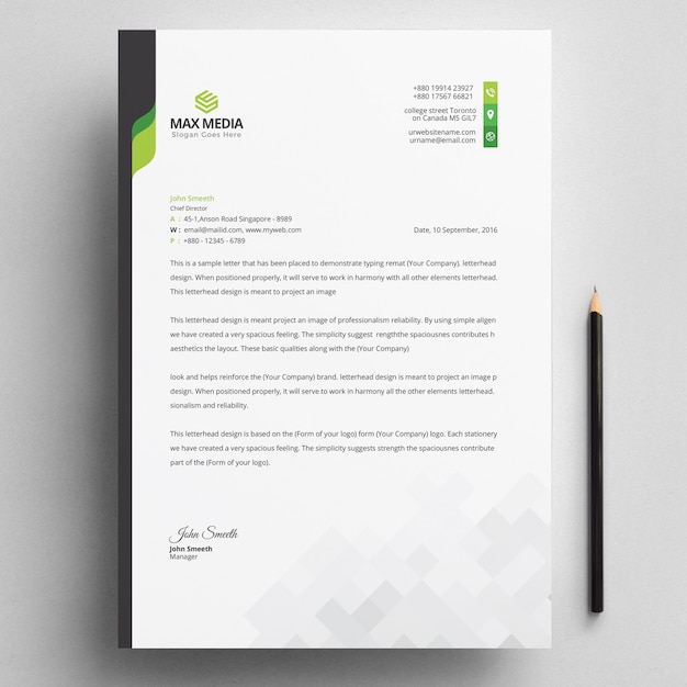 Papel timbrado de empresa moderna com elementos verdes