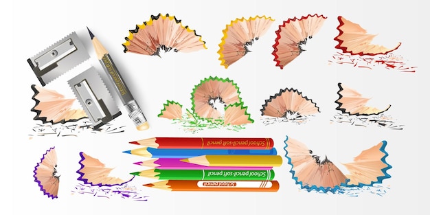 Papelaria escolar 3d colorido com apontador e aparas