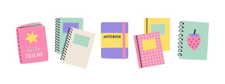 Paper notebooks diaries set Planners organizers and scrapbooks for plans notes Flat vector