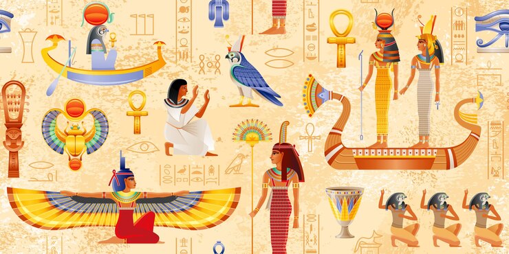 Vetor papiro egípcio com elemento faraó ankh scarab sun arte histórica antiga egito mitologia