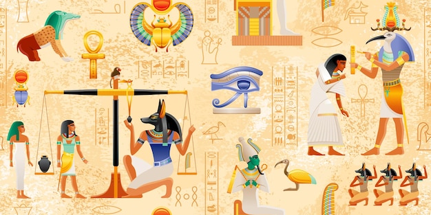 Papiro egípcio com elementos de faraó Ankh Scarab Sun Arte histórica antiga Egito Mitologia do Livro dos Mortos