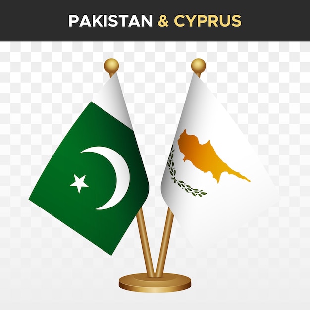 Vetor paquistão contra chipre bandeiras pakistani 3d bandeira de mesa de pé isolada em branco