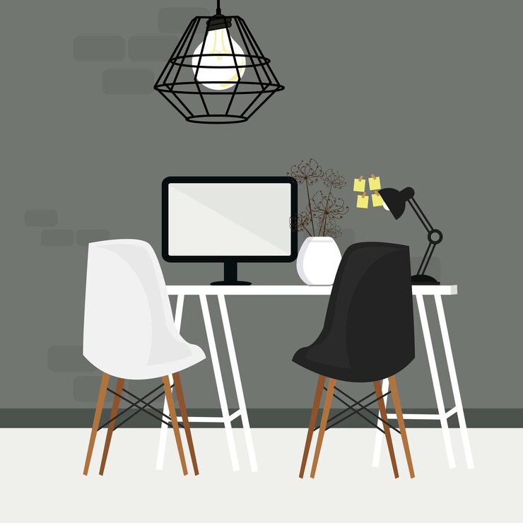 Vetor par de cadeiras em espaço de trabalho vazio com monitor de computador e lâmpada
